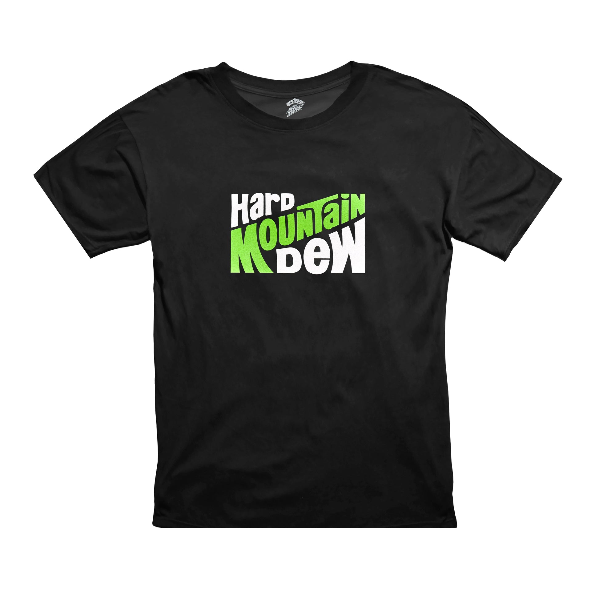 Flat lay of a Hard Mountain Dew black t-shirt featuring retro-style text of the brand. The shirt's design highlights the vintage-inspired typography prominently.