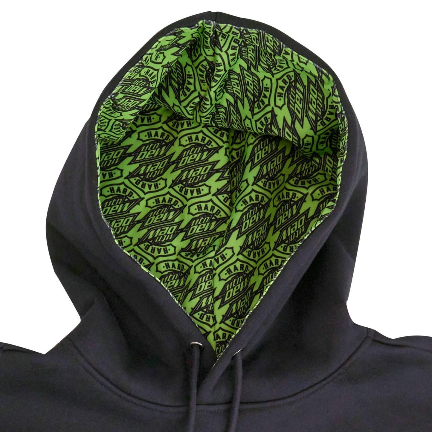 Inside view of the Hard Mountain Dew hoodie, showing the printed fabric pattern with a green and black Hard Mountain Dew repeat design.