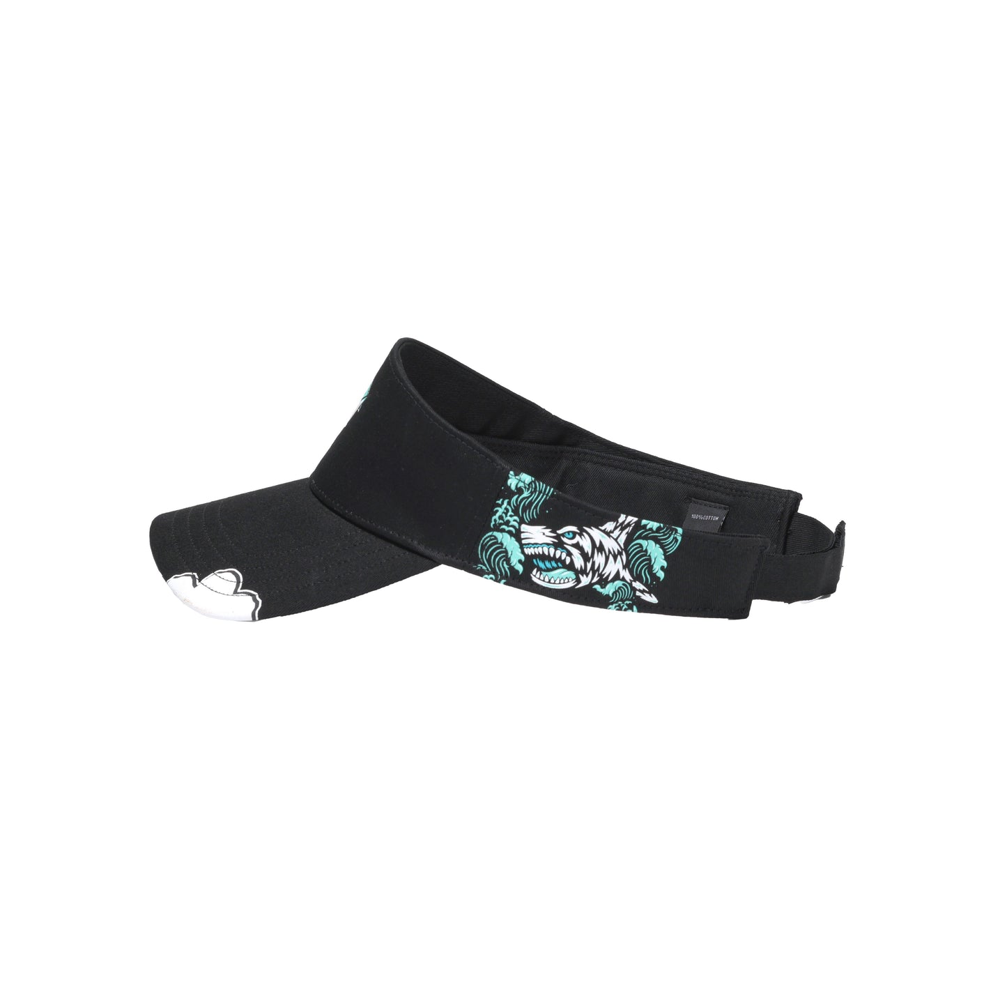 Black visor with teal shark and wave illustration on the side, and a white shark bite on the brim.