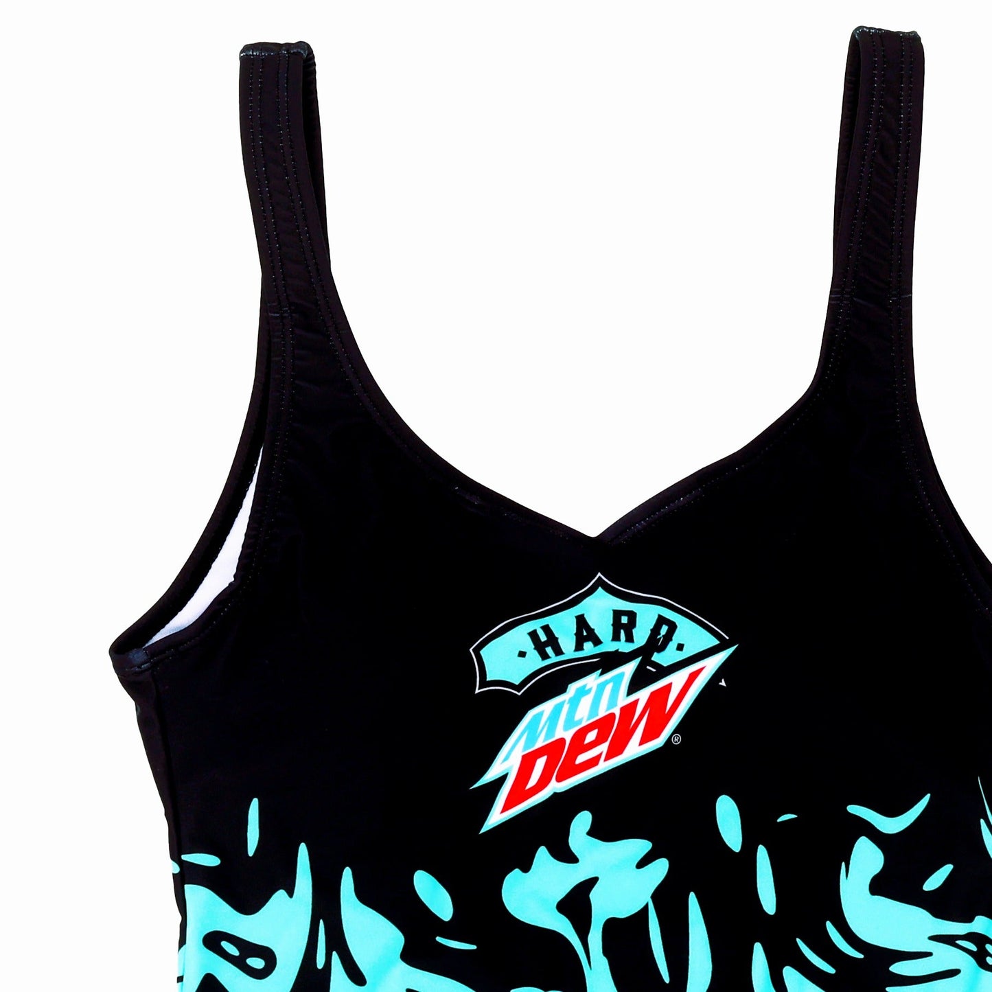 Close-up of the one-piece swimsuit's front, highlighting the teal and red Hard Mountain Dew logo at the center of the solid black top and the light teal water pattern on the black bottom.