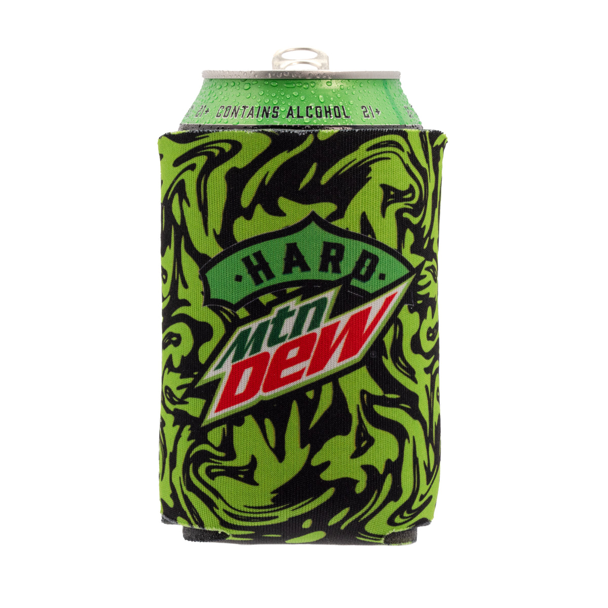 12oz can cooler green swirl with black pattern. Hard MTN DEW logo front and center. 
