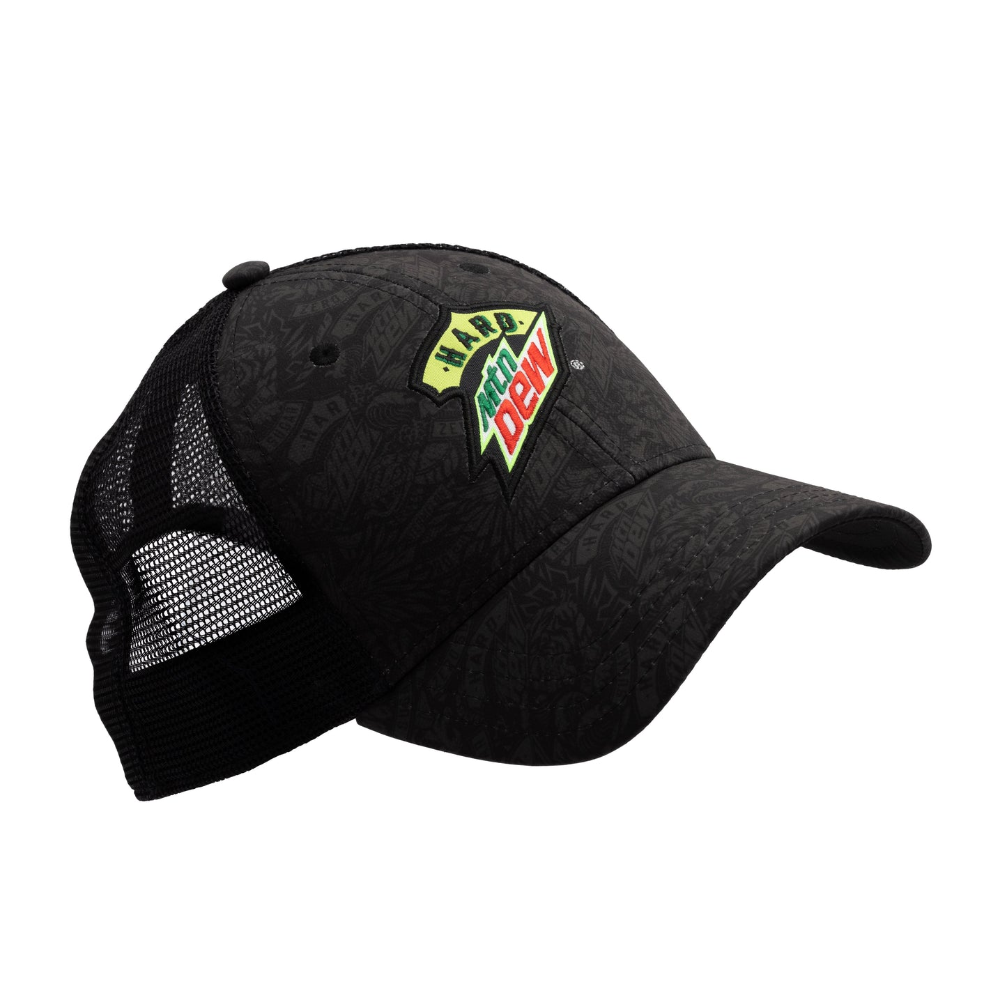 Side view of a black trucker hat showing the mesh back and the profile of the front. The hat features a tonal Hard Mountain Dew logo pattern printed across the front and on the bill, with the logo embroidered prominently over the pattern.