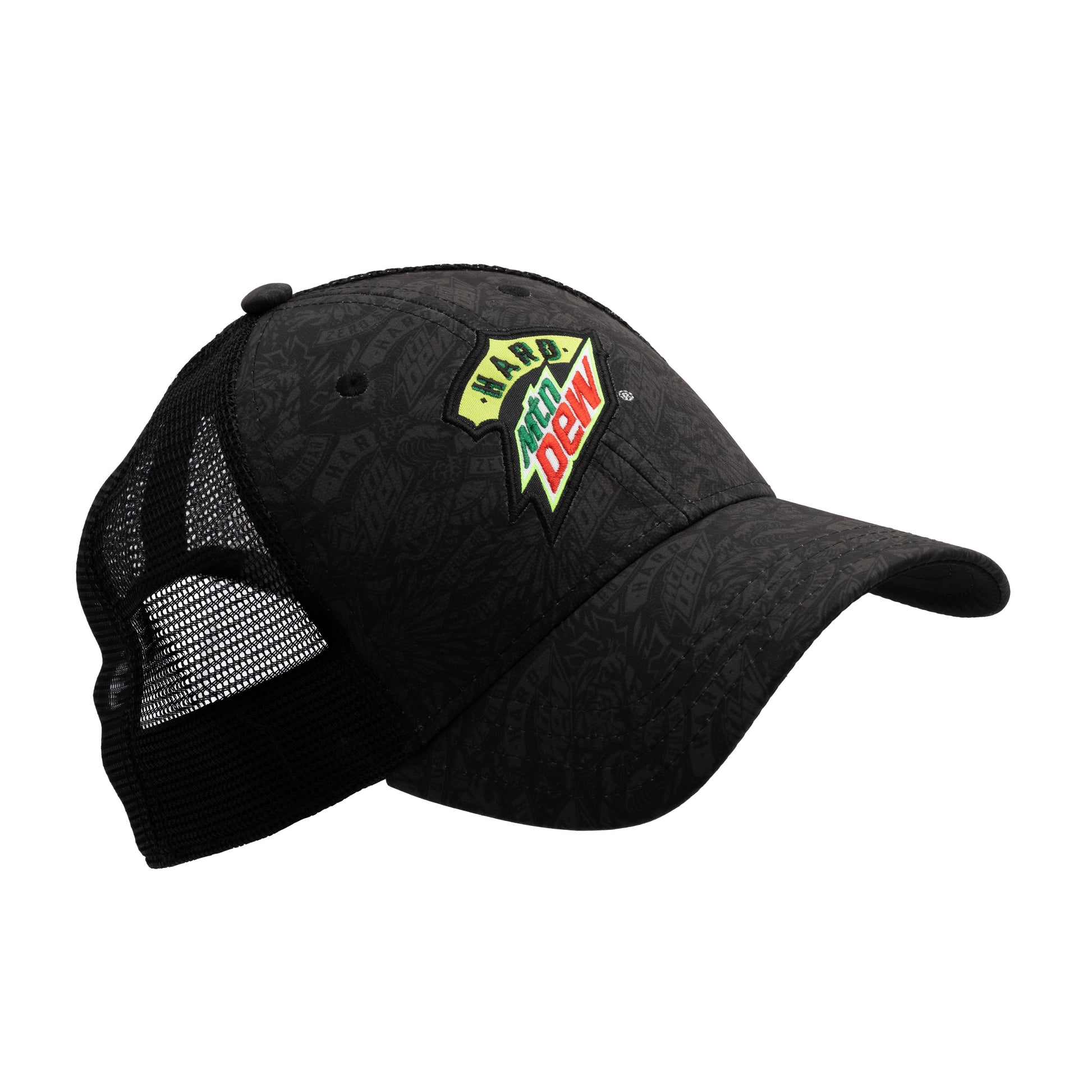 Side view of a black trucker hat showing the mesh back and the profile of the front. The hat features a tonal Hard Mountain Dew logo pattern printed across the front and on the bill, with the logo embroidered prominently over the pattern.