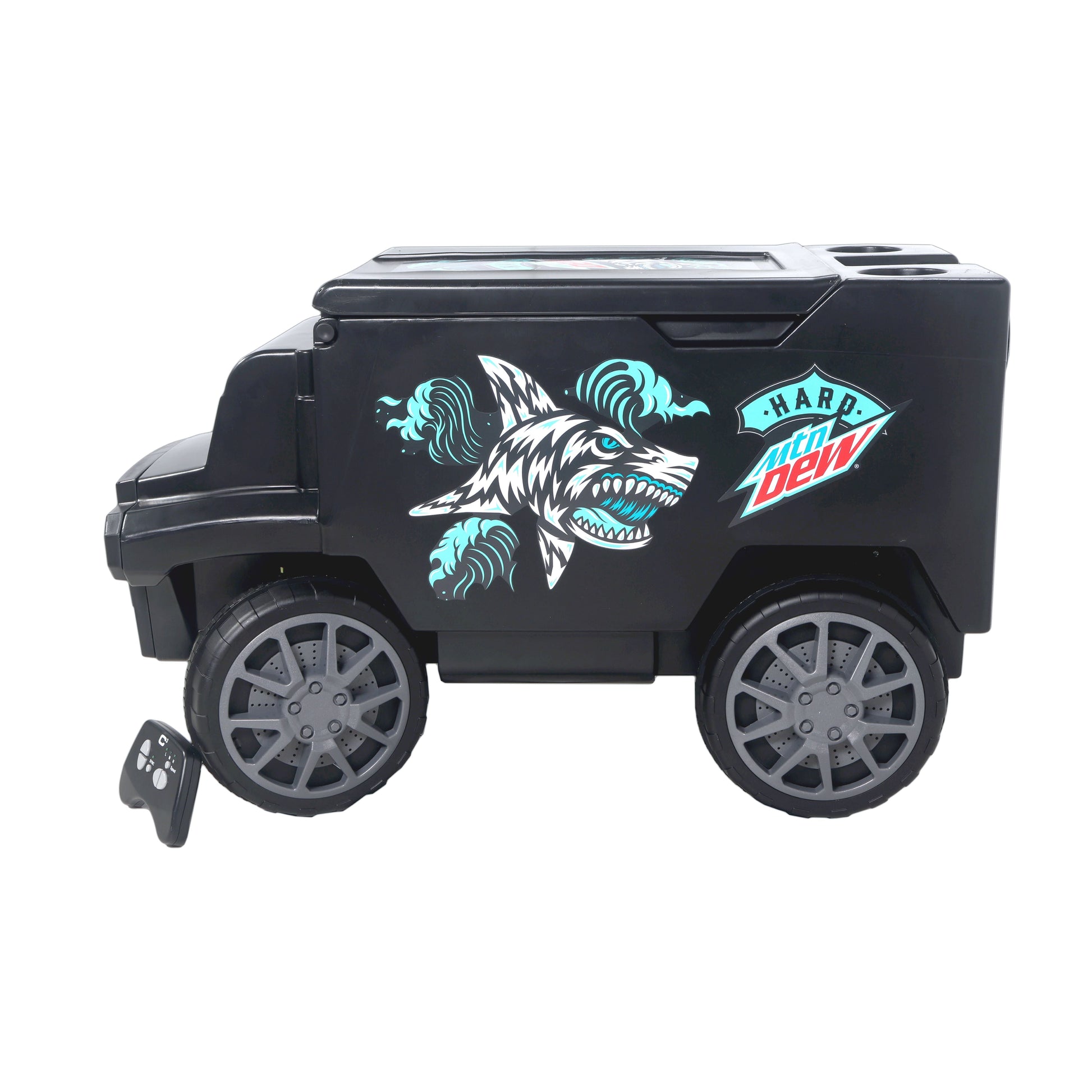 Full side view of the remote control cooler shaped like an armored truck, showing the teal and white shark and wave design along with the Hard Mountain Dew logo on the side.