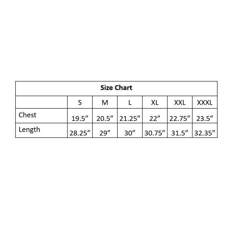 Size specs. Small 19 and a half inch chest and 28 point two five inch length. Medium 20 and a half inch chest and 29 inch length. Large 21 point two five inch chest and 30 inch length. Extra large 22 inch chest and 30 point seven five inch length. Double extra large 22 point seven five inch chest and 31 point five inch length. Triple extra large 23 point five inch chest and 32 point three five length. 