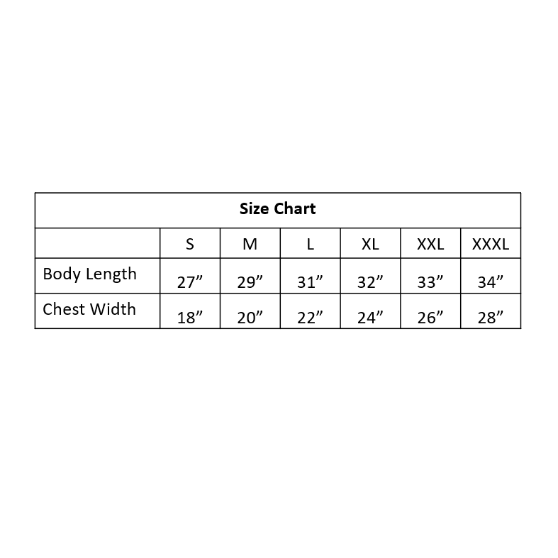 Chart with size spec details. Small 27 inch body length, 18 inch chest width. Medium 29 inch body length, 20 inch chest width. Large 31 inch body length, 22 inch chest width. Extra large 32 inch body length, 24 inch chest width. Double extra large 33 inch body length, 26 inch chest width. Triple extra large 34 inch body length, 28 inch chest width. 